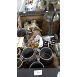 A TRAY OF METALWARE ETC. TO INCLUDE A BRASS HORSE, CARRIAGE CLOCK ETC. (TRAY NOT INCLUDED)