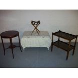 A SELECTION OF FOUR ITEMS TO INCLUDE A LOOM TYPE BLANKET BOX AND A TEA SERVING TROLLEY ETC.
