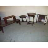 AN OAK STEP TABLE, TWO OAK SIDE TABLES AND A FIRE SCREEN (4 ITEMS)