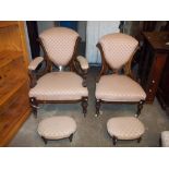 TWO EDWARDIAN CHAIRS AND FOOT STOOLS.