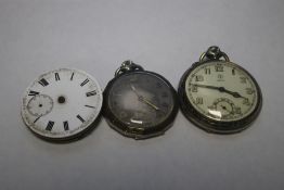 A JUNGHANS WHITE METAL POCKET WATCH, AN ART DECO POCKET WATCH AND A MOVEMENT (3)