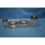 FOUR SILVER TOPPED GLASS SALTS / MUSTARD POTS