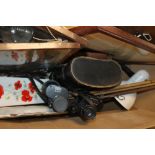 A BOX OF SUNDRIES TO INCLUDE ANGLEPOISE LAMP, A PAIR OF PRINZ BINOCULARS, FISHING ROD ETC.