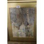 A FRAMED AND GLAZED PICTURE OF A LADY IN THE WOODS SIGNED D. WOODLOOK
