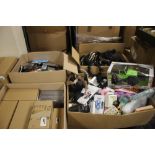 SEVEN BOXES OF MAINLY NEW ITEMS TO INCLUDE HAIR BANDS, A MAISTO REMOTE CONTROL TRUCK A/F, SCREEN