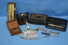 A QUANTITY OF COLLECTABLES TO INCLUDE PENS, COSTUME JEWELLERY, WRIST WATCHES ETC.