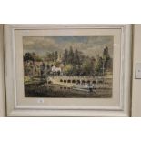 A FRAMED AND GLAZED WATERCOLOUR OF A RIVERSIDE SCENE