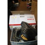 A BOXED CANON PIXMA PRINTER TOGETHER WITH TWO PAIRS OF SKI BOOTS ETC.