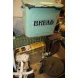 AN ENAMEL BREAD BIN, TWO SETS OF VINTAGE SCALES ETC.