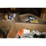 THREE BOXES OF MAINLY NEW ITEMS TO INCLUDE COFFEE GRINDERS, COAT HANGERS, SWIMMING GOGGLES ETC.