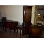 A SERPENTINE FRONTED MAHOGANY SIDEBOARD TOGETHER WITH A HALF MOON HALL TABLE AND A CORNER DISPLAY