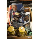 A BOX OF SUNDRIES TO INCLUDE FOUR FISHING REELS, TWO OIL CANS, TWO HURRICANE LAMPS, TWO CAMERAS