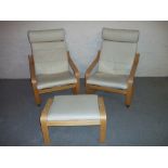 TWO CREAM LEATHER IKEA CHAIRS AND A STOOL.