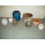 A MIXED SELECTION OF GARDEN PLANTER POTS GLAZED AND TERRACOTTA AND TWO CONCRETE STATUES.