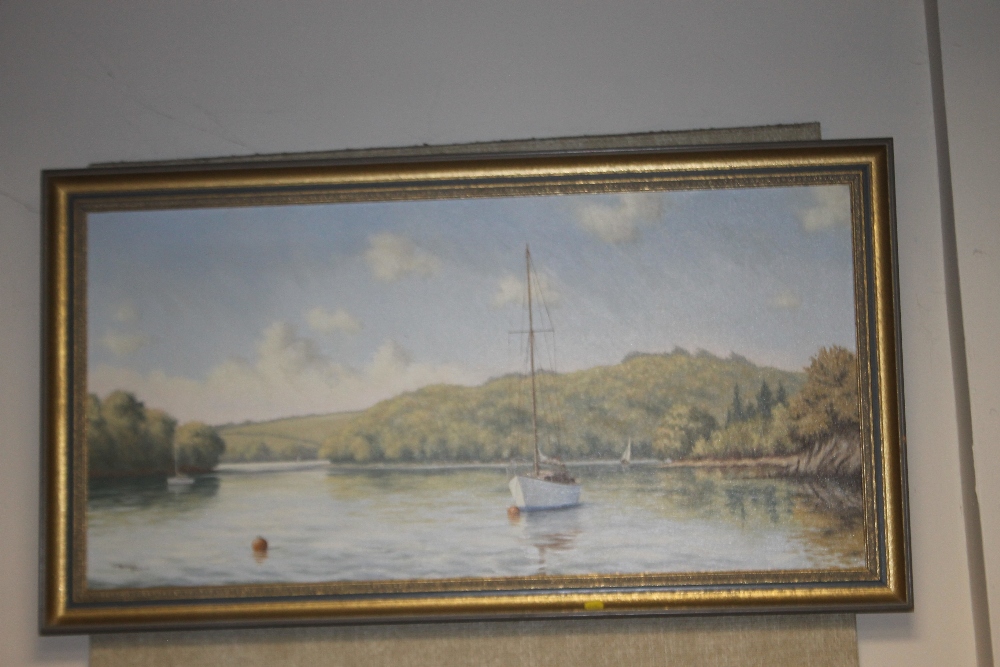 A FRAMED OIL ON CANVAS RIVERSIDE SCENE SIGNED NICHOLAS LEWIS TOGETHER WITH A LAKE SCENE WITH SAIL - Image 2 of 2