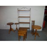 FIVE ITEMS INCLUDING: AN IRON/PINE BOOK SHELF, TWO SOLID PINE ROUND TABLES AND A NEST OF THREE