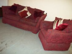 A DROP ARM TWO PIECE FABRIC SUITE - THREE SEATER SOFA AND CHAIR