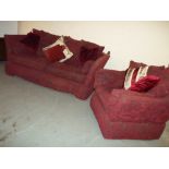 A DROP ARM TWO PIECE FABRIC SUITE - THREE SEATER SOFA AND CHAIR