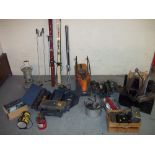 A SELECTION OF TOOLS TO INCLUDE TOOL BOXES, A WELDER, SKIS, A PARAFFIN HEATER, A FLYMO MOWER ETC.
