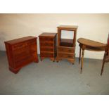 A BOWED BURR HALL TABLE, A LOW BOOKCASE AND 2 HIFI UNITS (4 ITEMS).