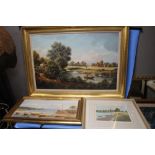 A LARGE OIL ON CANVAS DEPICTING A COUNTRY SCENE SIGNED DURAN FAIME, 107 X 78 CM, A FRAMED OIL ON