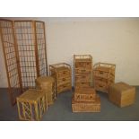 EIGHT WICKER ITEMS TO INCLUDE TABLES, CHEST OF DRAWERS AND A BASKET ETC.