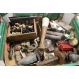A BOX OF COLLECTABLES TO INCLUDE CHESS SET, PESTLE, MATCH STRIKER ETC.