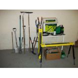 A SELECTION OF GARDEN TOOLS TO INCLUDE FOLDING STEEL TRESTLES