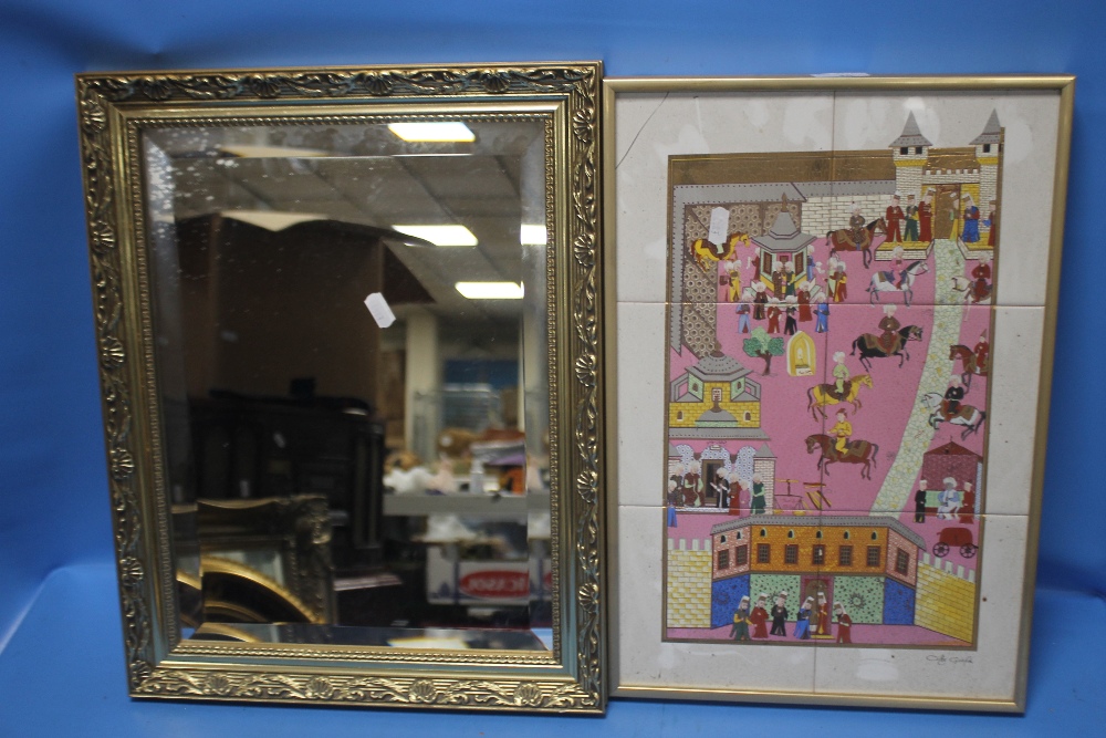 A GILT FRAMED MIRROR, 48 X 48 CM TOGETHER WITH A FRAMED SET OF TILES SIGNED CITE GRAFIK (?)