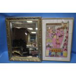 A GILT FRAMED MIRROR, 48 X 48 CM TOGETHER WITH A FRAMED SET OF TILES SIGNED CITE GRAFIK (?)