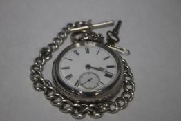 A SILVER OPEN FACE POCKET WATCH, (Unsigned) on a white metal Albert chain