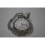 A SILVER OPEN FACE POCKET WATCH, (Unsigned) on a white metal Albert chain