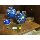 TWO CHINESE BLUE AND WHITE PRUNUS PATTERN GINGER JARS, AFRICAN BEADWORK STRAP, SOAPSTONE HIPPOS