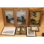A COLLECTION WATERCOLOURS AND OIL PAINTINGS TO INCLUDE A PAIR OF MOUNTAINOUS LAKE SCENE WATERCOLOURS