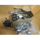 A BOX OF SILVER PLATED METALWARE ETC
