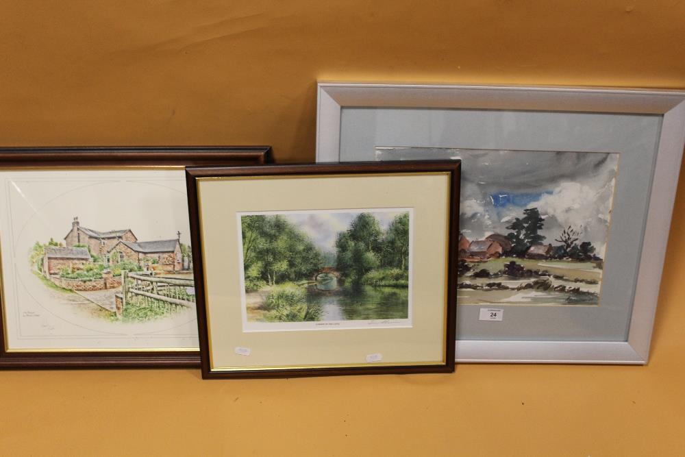 A FRAMED AND GLAZED WATER COLOUR DEPICTING COUNTRY BARNS TOGETHER WITH 2 SIGNED PRINTS (3)