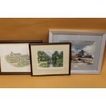 A FRAMED AND GLAZED WATER COLOUR DEPICTING COUNTRY BARNS TOGETHER WITH 2 SIGNED PRINTS (3)