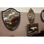 A SHEILD SHAPED WALL MIRROR TOGETHER WITH 2 GILT WALL MIRRORS (3)