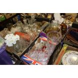 FIVE BOXES OF ASSORTED GLASSWARE TO INCLUDE A STUART CRYSTAL VASE, DECANTERS, COLOURED GLASS ETC.