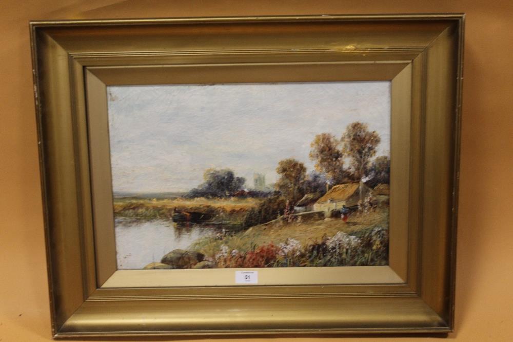 A 20TH CENTURY GILT FRAMED OIL ON CANVAS OF A RURAL WOODED RIVER LANDSCAPE WITH FIGURES