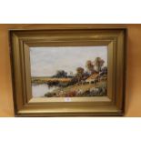 A 20TH CENTURY GILT FRAMED OIL ON CANVAS OF A RURAL WOODED RIVER LANDSCAPE WITH FIGURES