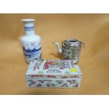 AN ORIENTAL CERAMIC FAMILLE ROSE TEAPOT TOGETHER WITH AN ORIENTAL CERAMIC FIGURATIVE LIDDED PEN