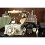 A VINTAGE TELEPHONE TOGETHER WITH A NOVELTY VINTAGE CAR SHAPED DRINKING GLASS SET AND ANOTHER (3)