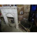 AN ANTIQUE CAST IRON METAL FIREPLACE AND ACCESSORIES