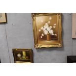 A GILT FRAMED STILL LIFE OIL ON CANVAS OF FLOWERS IN A VASE SIGNED BLAIN, TOGETHER WITH A SMALLER