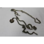 AN ANTIQUE DOUBLE ALBERT POCKET WATCH CHAIN, WITH SILVER FOB, TOGETHER WITH ANOTHER WATCH CHAIN (2)