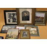 A QUANTITY OF ASSORTED PICTURES AND PRINTS TO INCLUDE A GILT FRAMED OVERPAINTED PHOTOGRAPH (8)