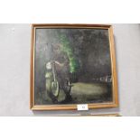 A FRAMED OIL ON BOARD OF A MOTORCYCLIST INDISTINCTLY SIGNED LOWER RIGHT