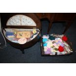 A DEMI LUNE SEWING BOX AND CONTENTS TOGETHER WITH A TRAY OF KNITTING ITEMS