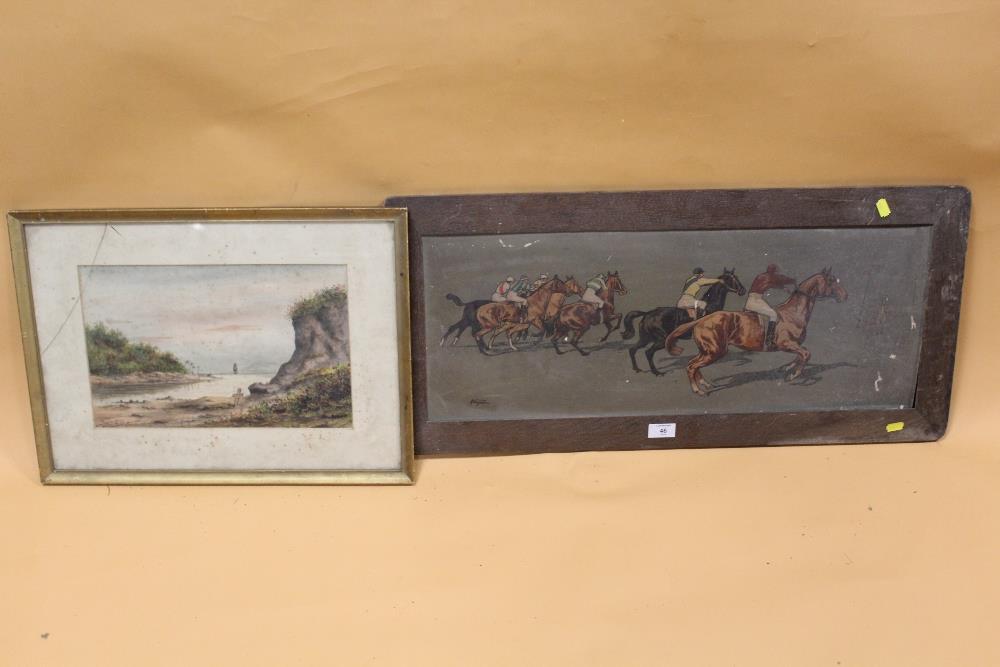 AN ANTIQUE HORSE RACING INTEREST PRINT IN OAK FRAME, TOGETHER WITH A WATERCOLOUR SIGNED J B ANDERSON